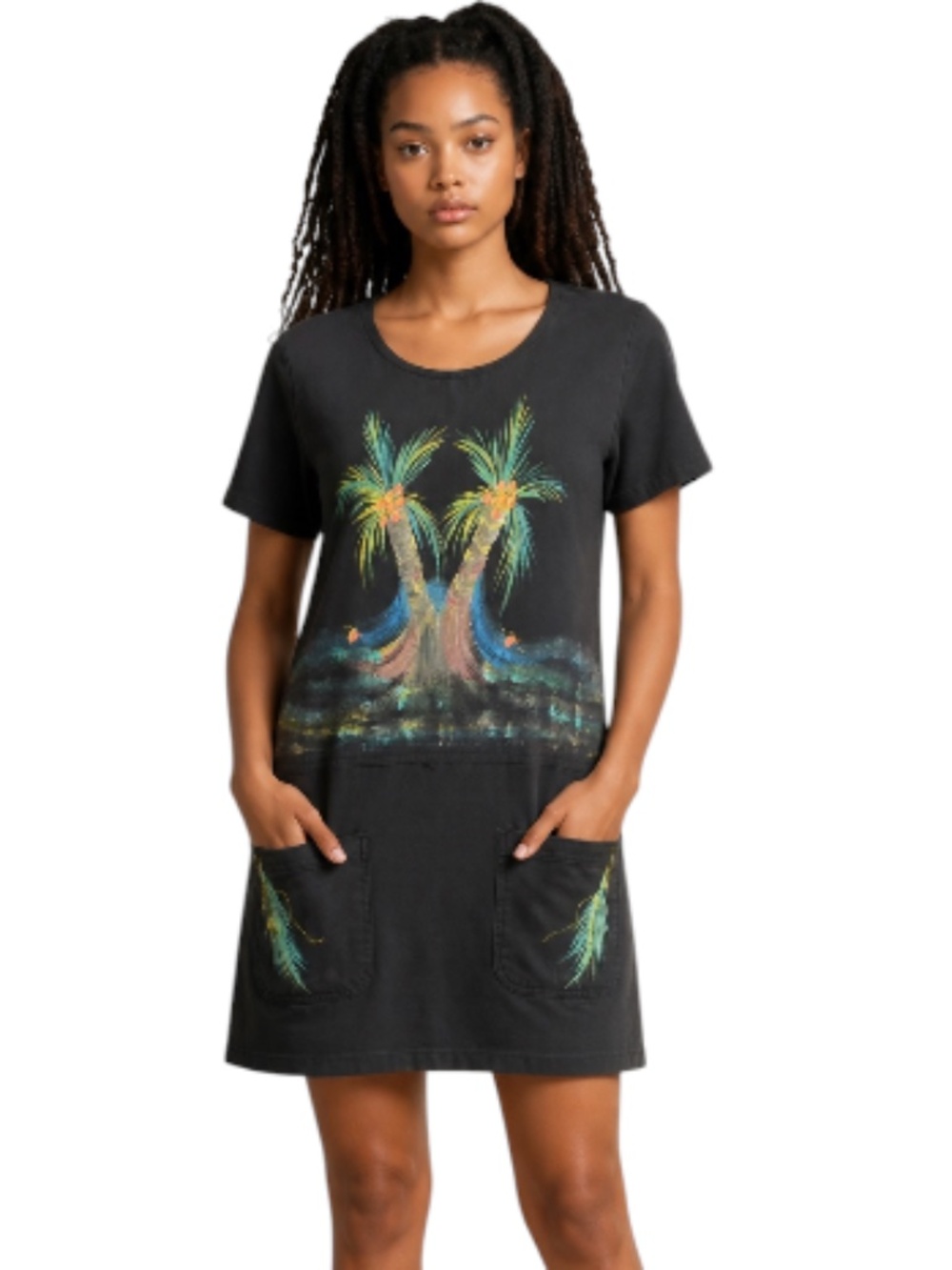 Ariel's Womens Black Hand Painted Palm Tree Tropical Cotton Shift Dress M